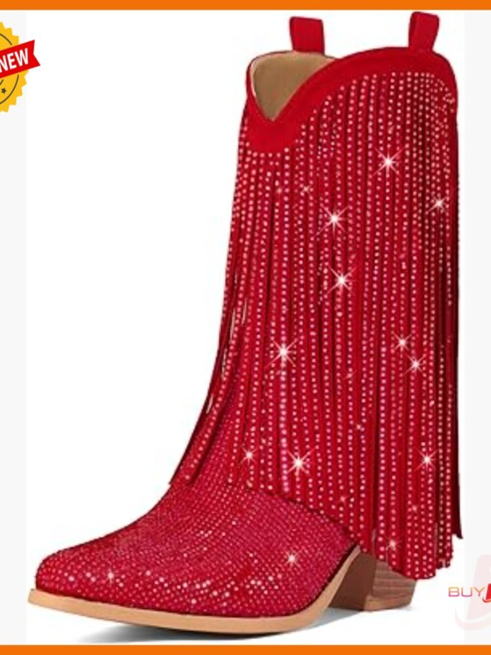 Rhinestone Cowboy Boots with Fringe, Chunky Heel, Pointed Toe, Mid-Calf